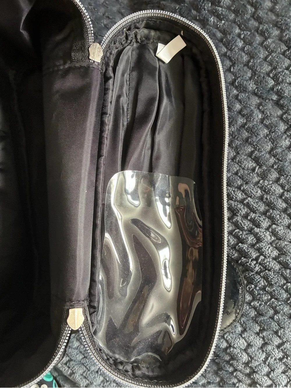 Quilted Black Cosmetic Pouch with Clear Brush Holder and Mirror